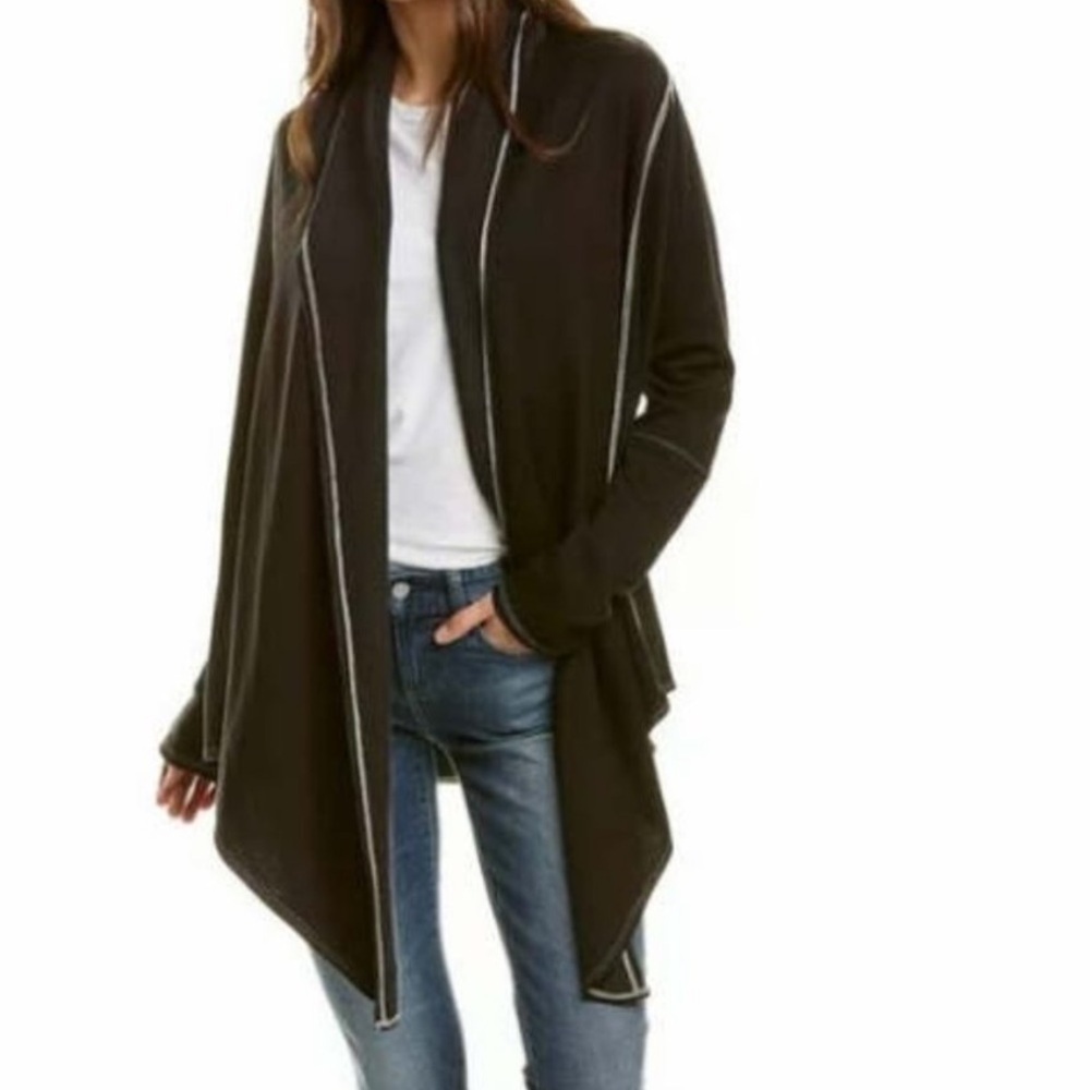 Johnny Was x Calme Black Open Front Cardigan with White Trim
